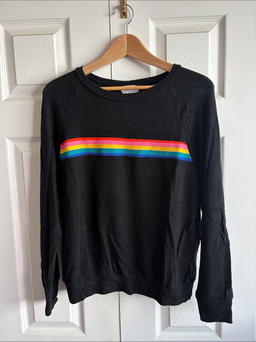 Women’s Black Crewneck Sweater with Rainbow Chest Stripe
